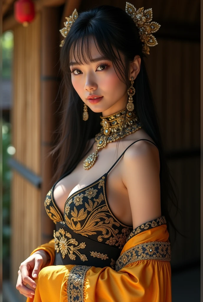 Luxury color style, hyperrealistic gold-white-black outlines of the intricate leaf patterns, embossing on her body (shiny), attractive woman (colored body) wide angle shot, upper body, light painting, subtle golden light forest background, incredibly detail