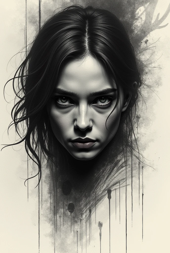 An artist's sketch of the ghostly woman based on witness descriptions, her haunting eyes and flowing hair creating a terrifying image.
