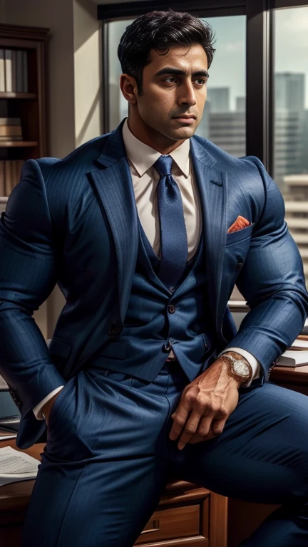 30 years old indian Rahul Khanna indian business suit man muscular man standing in office huge bulge is coming out from pant, one character, one place, one structure every thing same in all photos, stunning visual, profile image, in style of ultra realistic, standing close-up on spread legs, detailed style, functional and elegant look, in style of realistic, crisp details