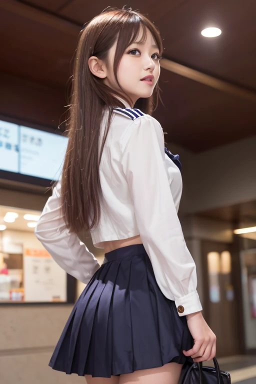 1 female,(((sailor suit))),((skirt)),(wind lift),Back view,look back,shy、blush,(red cheek),((looks happy:1.3))、:p,thighhighs,((loafers)),curvy thighs,Breathless face、sweating、Excited facial expression、Long Hair、Realistic,High resolution,Soft Light,Large Breasts, blue eyes