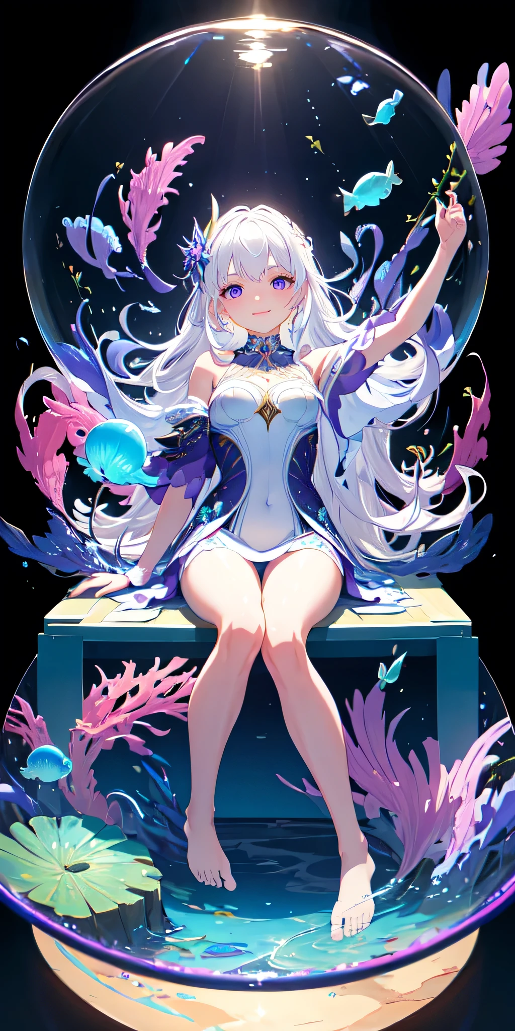 [(Transparent background:1.5)::5],(((masterpiece))),(((best quality))),(((extremely detailed))),illustration, 1girl,solo,mysterious,vivid color,shiny, nude, underwater transparent sealed hemispherical glass dome, (white hair),(purple eyes), full body,barefoot,long hair tranquil nature, koi,Underwater, Dome,close up,Dynamic actions,Lens perspective,(((Box composition))),sit cross-legged and lean against the bookshel, volumetric lighting, multi-color eyes, detailed eyes, hyper detailed,light smile, highly detailed, beautiful, small details, ultra detailed, best quality, intricate, 4k, 8k, trending on artstation, good anatomy, beautiful lighting, award-winning,