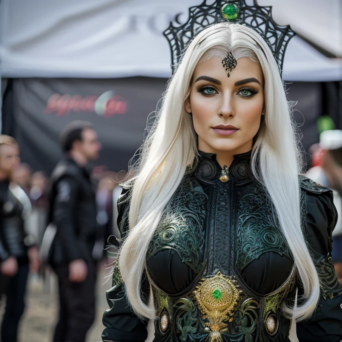 1 woman, European face, European eyes, pretty face, 30 years old, age 30, white long hair,  green eyes, , ultra detailed face, hyperrealistic, realistic representation, full body view,  dancing at a gothic festival