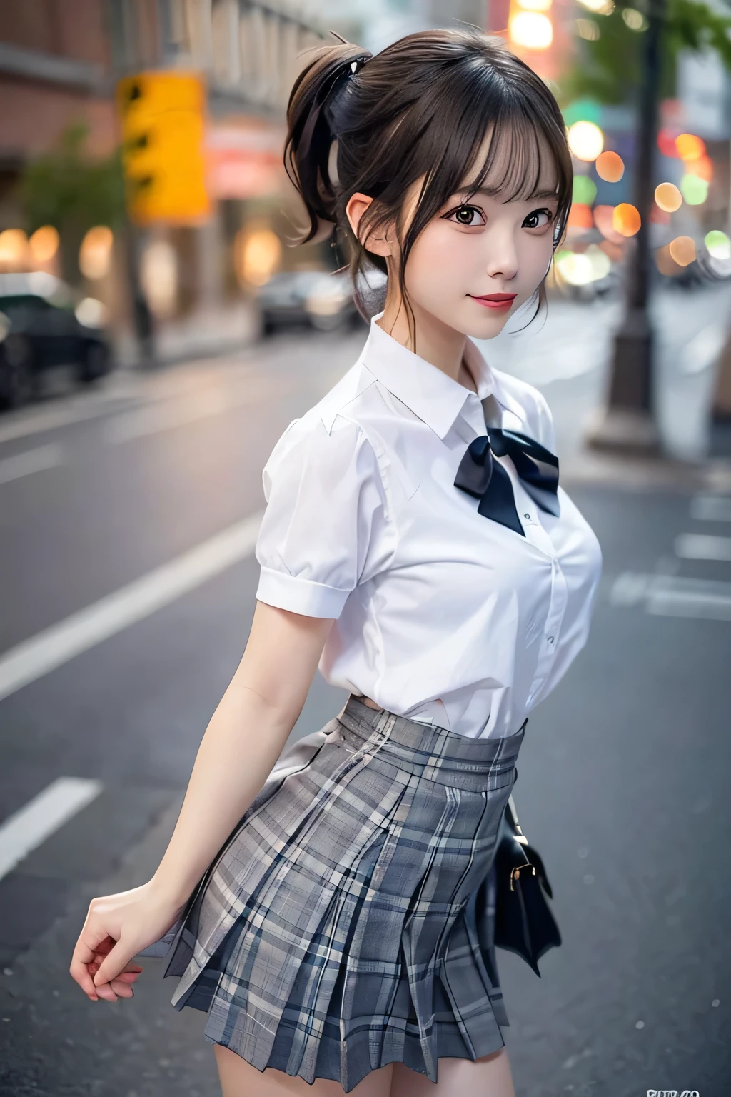 tmasterpiece，top-quality，offcial art，Highly detailed CG Unity 8K wallpapers，Like a schoolgirl，Very delicate beautiful，超A high resolution，（realisticlying：1.4），Golden Hour Lighting，（The upper part of the body），（Platinum Shorthair：0.8），（Puffy eyes），looking at viewert，Facing Front，ssmile，JK Skirt，Pink，The shirt boosts long black hair