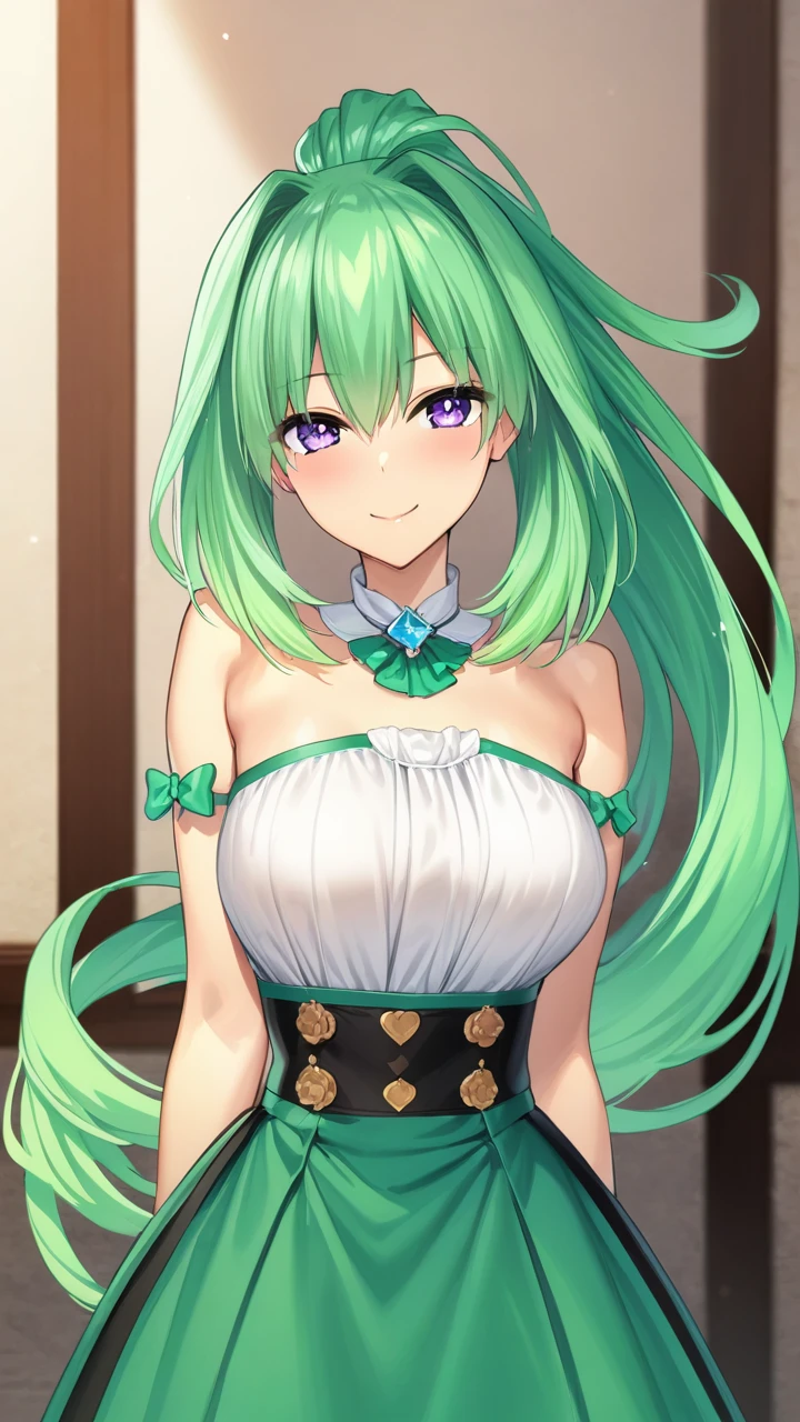 (masterpiece),(best quality),(ultra-detailed),(best illustration),(best shadow),(absurdres),(detailed background),(very aesthetic),  green heart, dressoutfit, green heart, casualoutfit, 1girl, green hair, symbol-shaped pupils, smile, solo, purple eyes, looking at viewer, long hair, power symbol, bare shoulders, ponytail, blush portrait, 