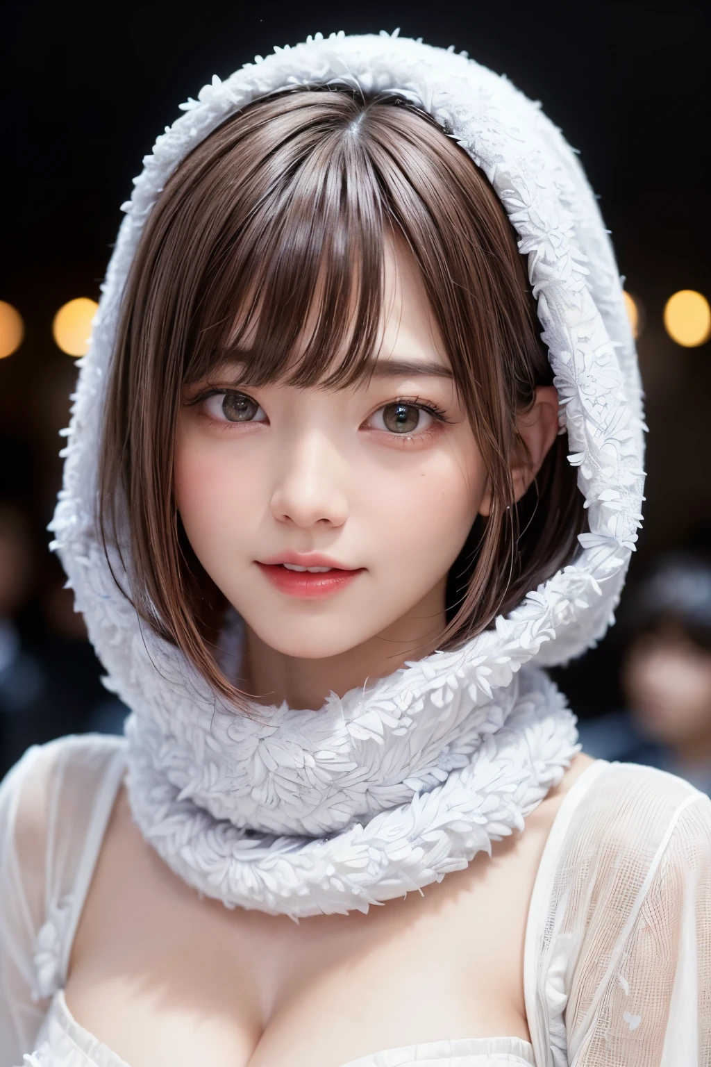 (masterpiece, Highest quality),One Girl, alone, Black-haired, scarf, Have, Realistic, Realistic, Looking at the audience, Light-coloured black eyes, Short brunette bob, Brown coat, Winter clothes, White headscarf, lips, prohibit, Plein Air, Mouth closed, Upper Body、Big eyes、eyelash、((Beautiful landscape with sparkling snow、Large snowflake motif、A beautiful snowy scene with no people around))、(((Short bob hair with bangs、Shiny Hair、Big eyes、large full chest、Highlights the eyes、Gazing at the audience、Beautiful beauty、Listen carefully、Long neck、Laugh a little、Please close your mouth and laugh、Ideal body type)))、{Huge|big|Hugeな|Mega} chest:2, chestの谷間:2、Very cute smile