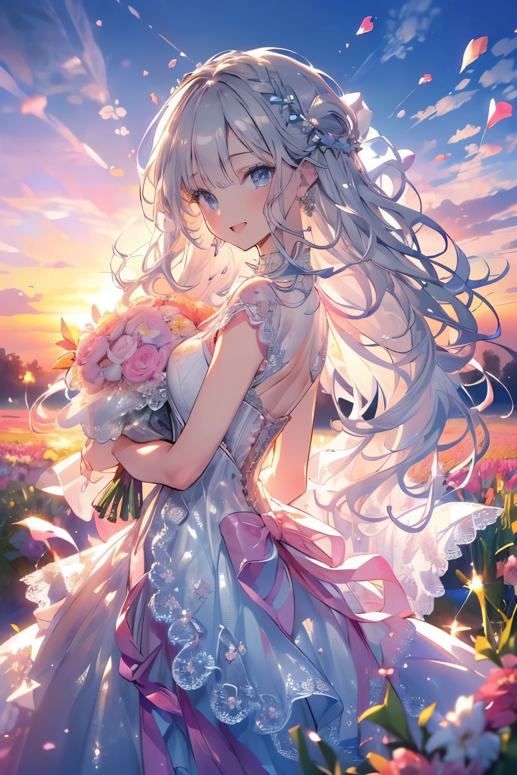 A girl in a dress holding a bouquet of flowers in a field - SeaArt AI