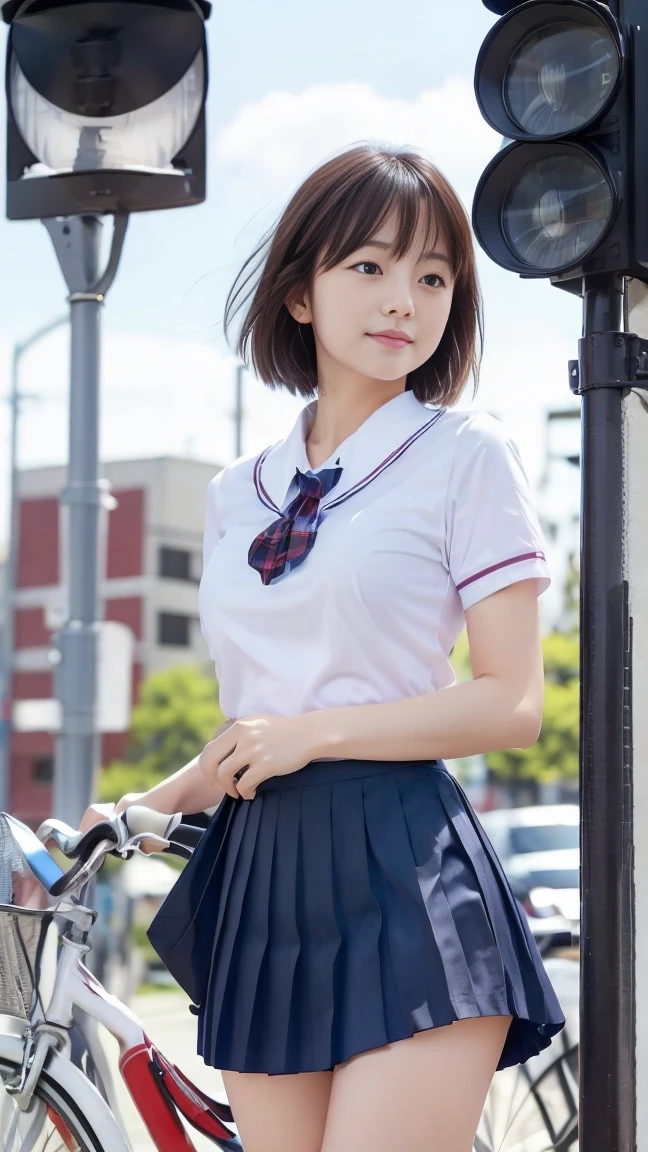 (Straddling the bicycle saddle、Japanese high school girl waiting at a traffic light)、Short sleeve white shirt、Hands on the wheel、Her bra is visible from the cuffs of her short sleeves、Plaid mini pleated skirt、Dark brown bob hair、Medium Hair、Straight hair、smile、Stretching his legs out on the curb、Her long, slender legs are beautiful、Well-proportioned physique,、Wear loafers、A gentle breeze blows and flips my skirt、((I can see your cotton panties.))、Back view at the intersection、(((Angle from below)))、Beautiful blue sky and white clouds、(Highest quality, masterpiece, High resolution)、8k、wallpaper、Her short skirt is rolled up, exposing her panties