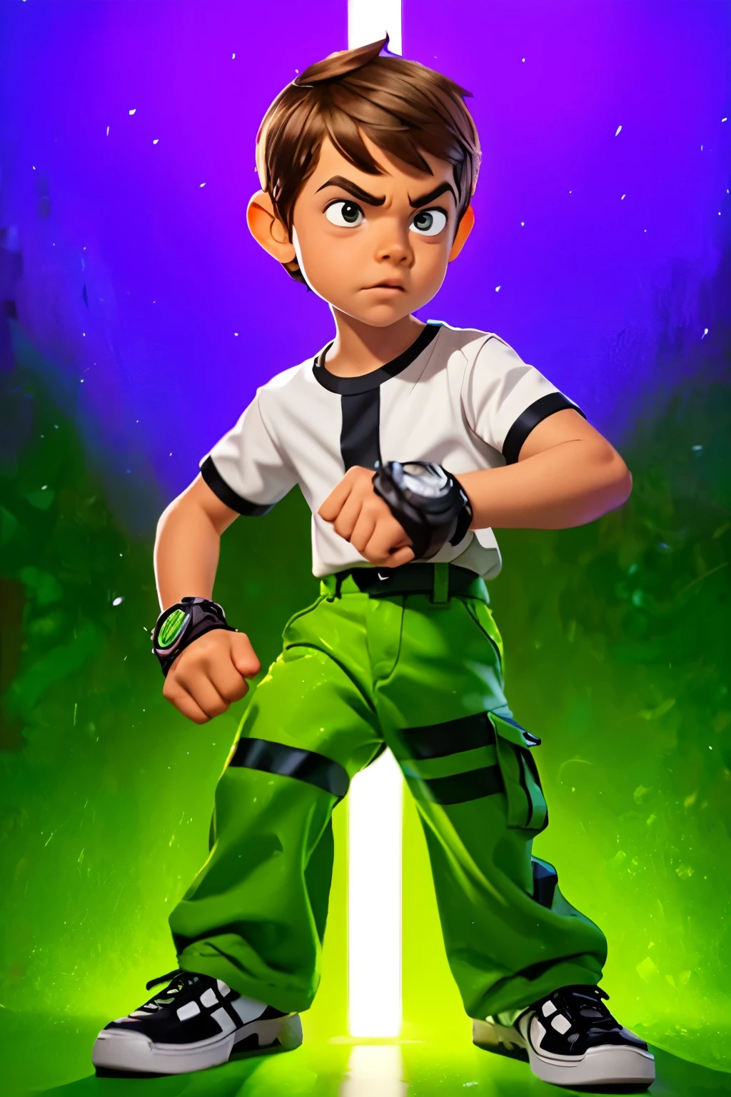 Movie poster, Ben 10 (((, 4yo )))rown eyes, (((wearing a white outfit with black stripe in the center, green pants))) , showing fist. (Omnitrix on arm)) . (Action facial expression ) . highy detailed, face detailed, realisitic, cinematic lighting, studio quality, proffesional, face detailed, intrikate, bright coloured. ((abstract lighting background)).