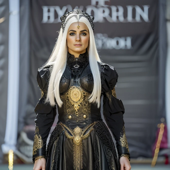 1 woman, European face, European eyes, pretty face, 30 years old, age 30, white long hair, ,ultra detailed face, hyperrealistic, realistic representation, full body view,  dancing at a gothic festival