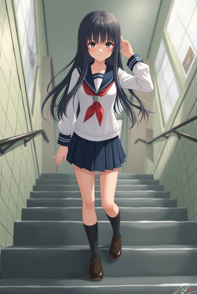 master piece , best quality , ultra detailed , shiny hair , sparkling eyes , kawaii , cute,A woman in a short skirt and high heels standing on the stairs。, Beautiful anime school girl, seductive Anime Girls, Surreal school girl, Beautiful and attractive anime , Anime Girls with long hair, attractive Anime Girls, beautiful Anime Girls, Anime full body illustration, Anime Girls, Ilya Kuvshinov with long hair, an Anime Girls