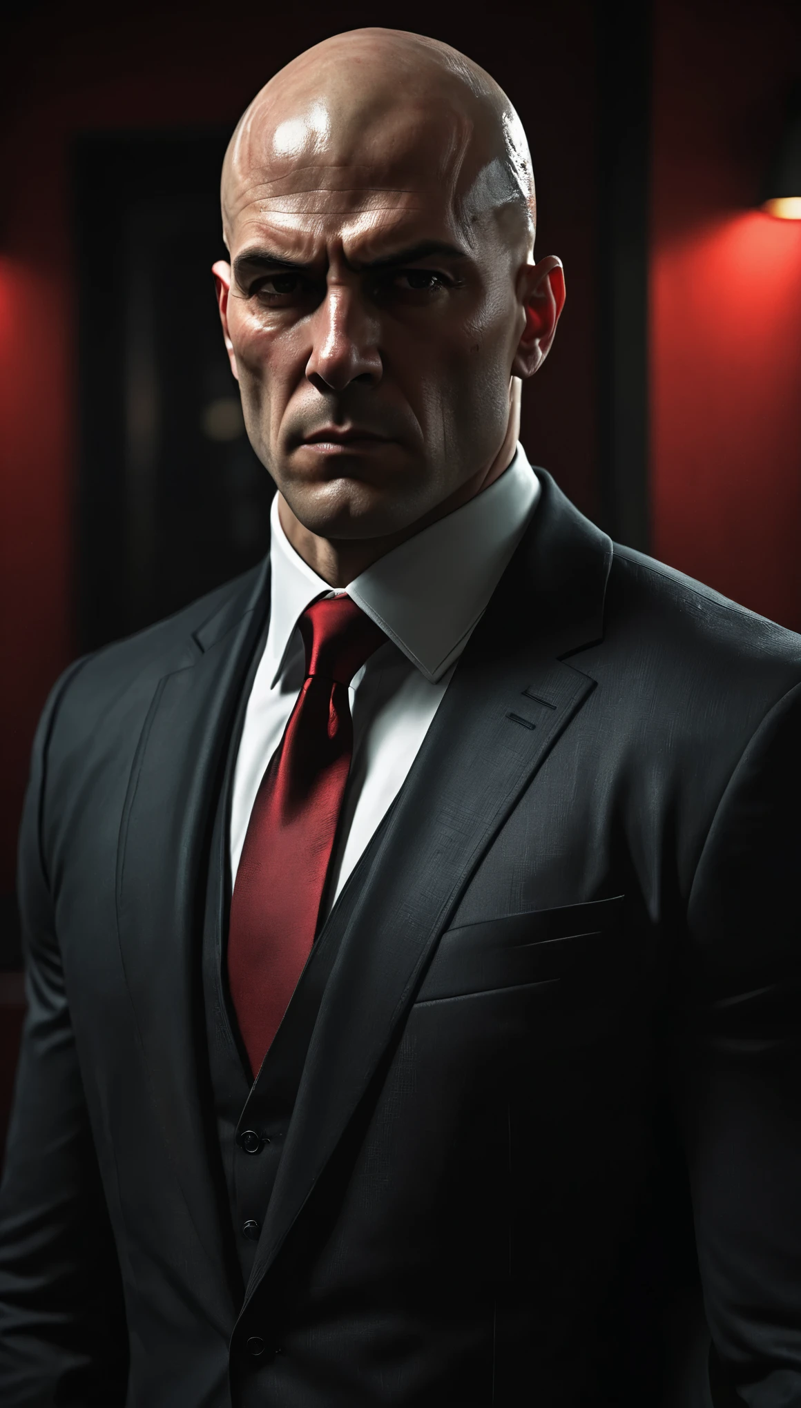 a bald assassin, hitman, black suit, red tie, highly detailed face, detailed muscular body, dark brooding expression, cinematic lighting, dramatic shadows, moody atmosphere, gritty realistic style, photorealistic, 8k, masterpiece, hyper detailed, chiaroscuro lighting, dynamic pose, intense gaze, serious and intense look, hyper realistic skin texture, stylish and sophisticated, professional quality