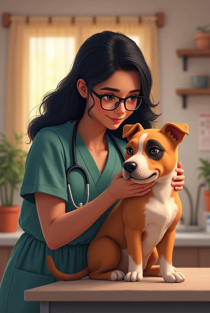 A veterinarian, neither thin nor fat, with black hair, loose hair, glasses and a white pitbull dog with a black spot on the eye  