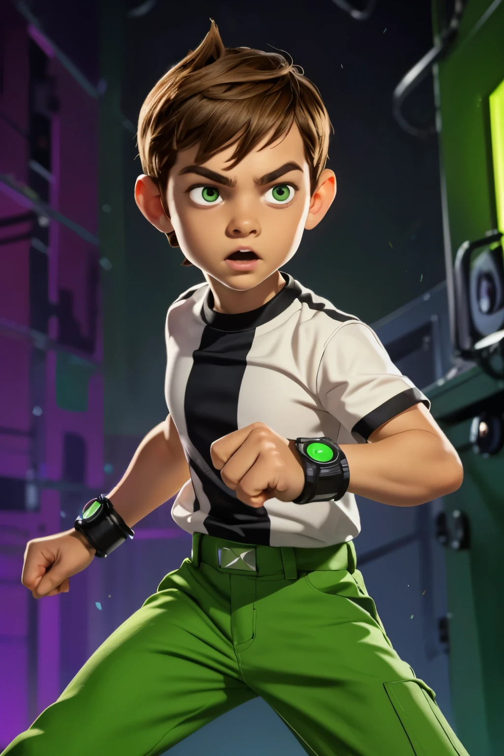 Movie poster, Ben 10 (((, 4yo )))rown eyes, (((wearing a white outfit with black stripe in the center, green pants))) , showing fist. (Omnitrix on arm)) . (Action facial expression ) . highy detailed, face detailed, realisitic, cinematic lighting, studio quality, proffesional, face detailed, intrikate, bright coloured. ((abstract lighting background)).