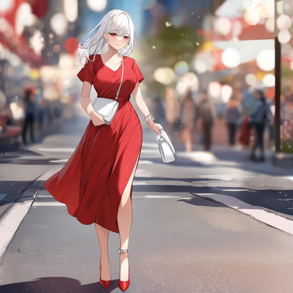 A woman wearing a long red dress, Exposed leg, Red heels, walking on the sidewalk of a modern city, girl with white hair, Eyes red, silver bracelet on her arm, smiling, breasts big, nblurry background, holding a white leather bag, projected shadow, anáglifo, stereogram, tachi-e, point visualization, atmospheric perspective, 8k, superdetail, precise, best qualityer, awardwinning, texturized skin, high resolution, anatomically correcte, bokeh effect, ((woman alone)