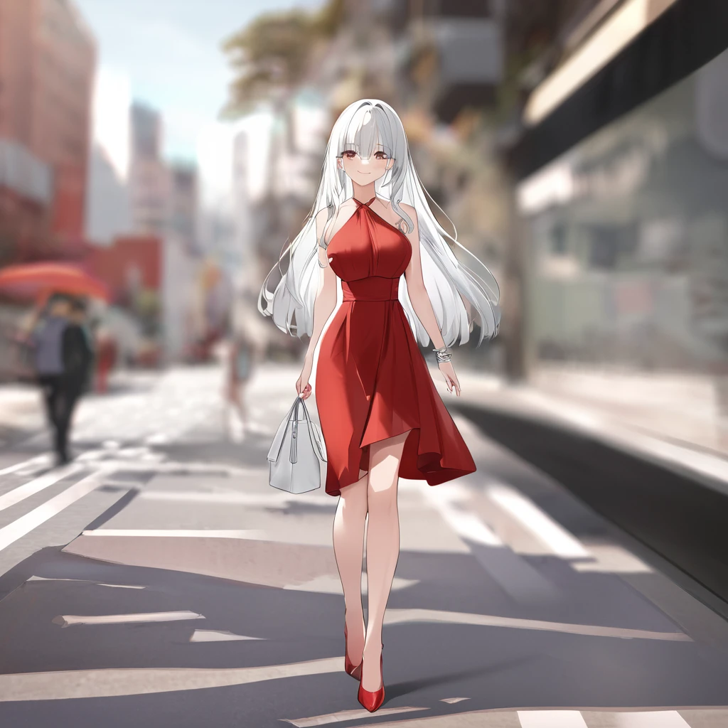 A woman wearing a long red dress, Exposed leg, Red heels, walking on the sidewalk of a modern city, girl with white hair, Eyes red, silver bracelet on her arm, smiling, breasts big, nblurry background, holding a white leather bag, projected shadow, anáglifo, stereogram, tachi-e, point visualization, atmospheric perspective, 8k, superdetail, precise, best qualityer, awardwinning, texturized skin, high resolution, anatomically correcte, bokeh effect, ((woman alone)