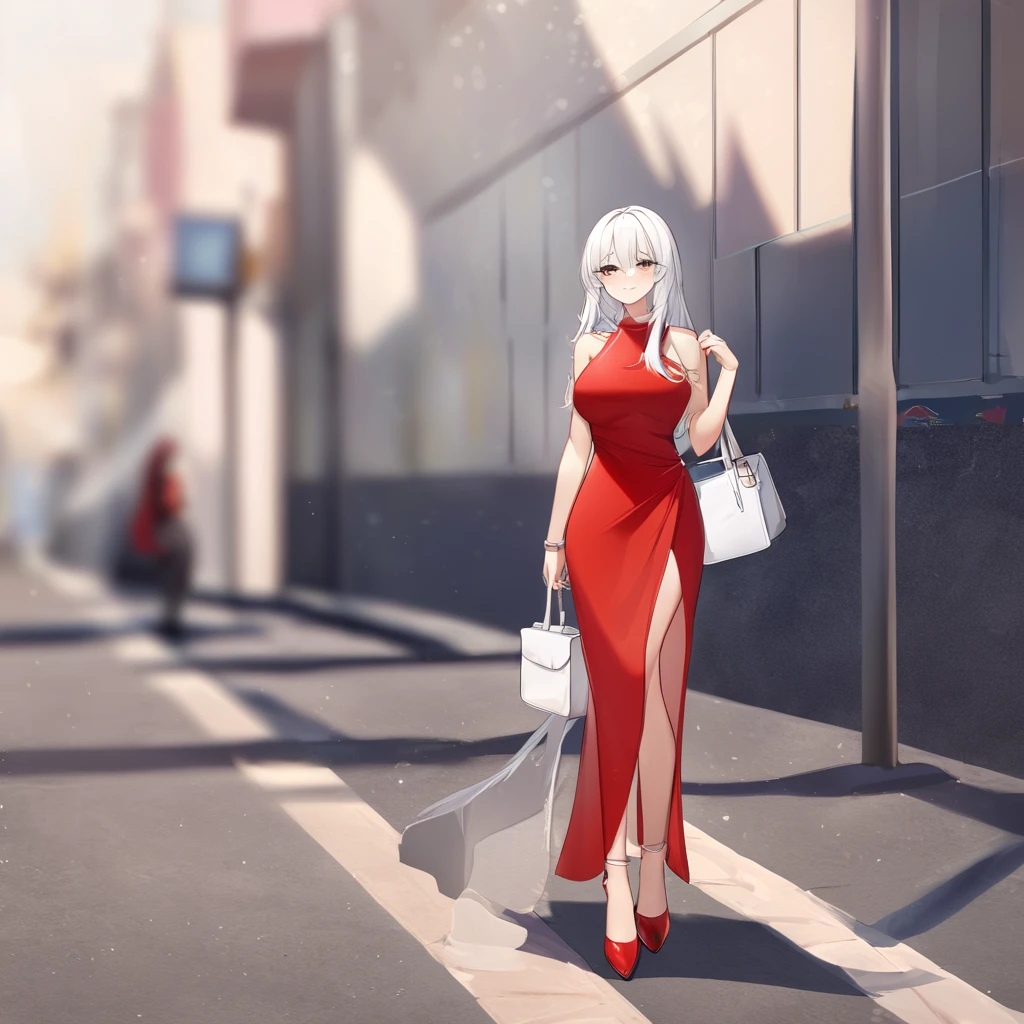 A woman wearing a long red dress, Exposed leg, Red heels, walking on the sidewalk of a modern city, girl with white hair, Eyes red, silver bracelet on her arm, smiling, breasts big, nblurry background, holding a white leather bag, projected shadow, anáglifo, stereogram, tachi-e, point visualization, atmospheric perspective, 8k, superdetail, precise, best qualityer, awardwinning, texturized skin, high resolution, anatomically correcte, bokeh effect, ((woman alone)