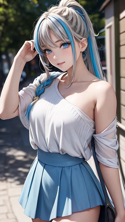 Anime high school girls, Wear sexy kimono, Short kimono, Bare arms, Bare back, bare shoulders​, Walking, Long hair, Light blue hair, view the viewer, Blue eyes