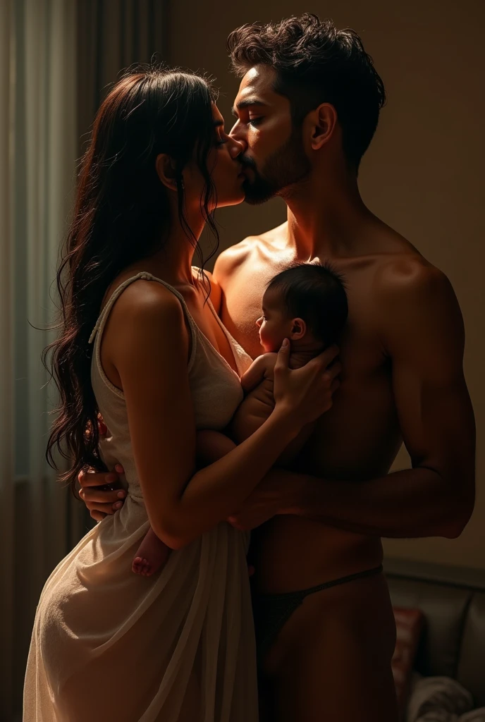 A two giant man with big hair keeping their both mouth on a pregnant woman chest and no chest clothes and a demon keeping it's hands on her belly and both are in the bed 