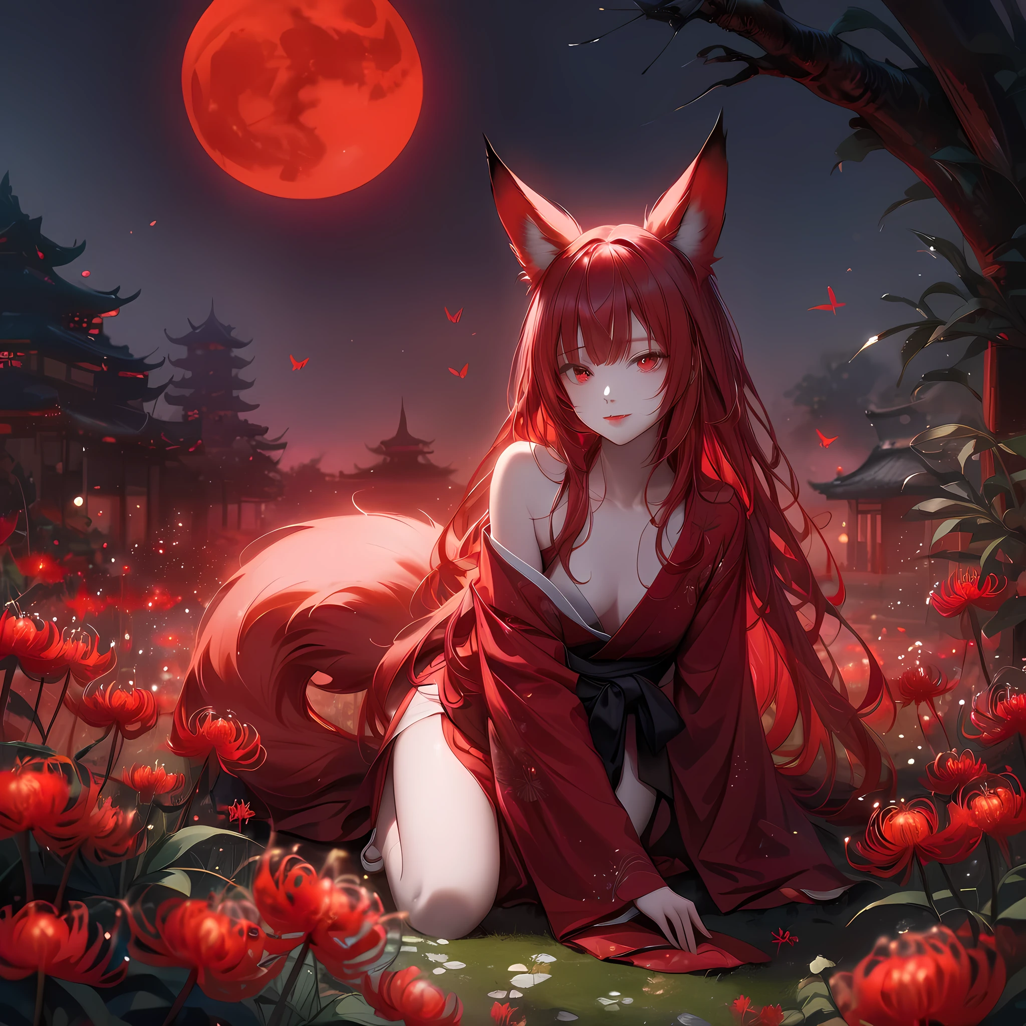 (アニメ), Best Shadow, A woman with long red hair styled in soft waves, adorned with fox ears, kneels in an enchanting garden under an intense red moon. She wears a deep red kimono, loosely draped to reveal a black sash and a hint of her bare shoulders. Her pose is both graceful and mysterious, with one hand on the ground and the other resting on her knee. Surrounding her are vibrant red spider lilies and luminous butterflies, creating a magical and otherworldly atmosphere. The dark, shadowy background includes traditional temple rooftops, adding to the mystical ambiance. The lighting highlights her striking figure and casts soft shadows, enhancing the romantic and ethereal mood of the scene. Sharp pupils, Realistic pupils, Attractive lips, Red spider lily, たくさんのRed spider lily, Alluring, smile, Close your mouth, Squint your eyes, Red butterflies are flying, (Red fox tail), Blushing, 