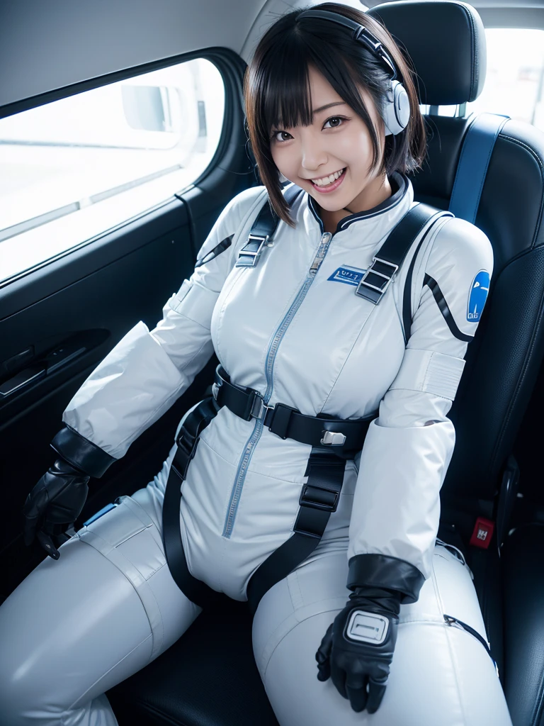 Japanese female android,White and blue shiny robot suit,Wide-legged squats,Black Hair,Space capsule,I was completely strapped to my seat in the cockpit with a thick harness and couldn't move.,