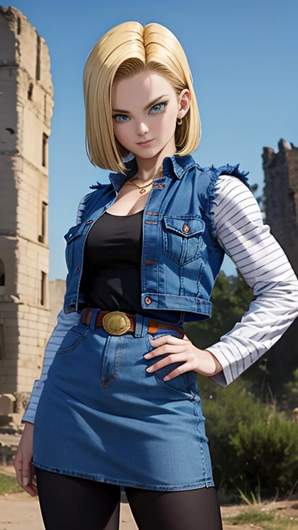 Android 18, realist 1.5, cabelo curto loiro, blue colored eyes, waist belt, booties, tight blue denim skirt, golden necklace, black jersey, shorth hair, long striped sleeves, aretes, open vest, denim vest, medium breasts, photo the cowboy, CityView, facing the front, (climate: windy), cute smile, long tights, battle ruins, (RAW Photos, 8k Ultra HD, film grain)