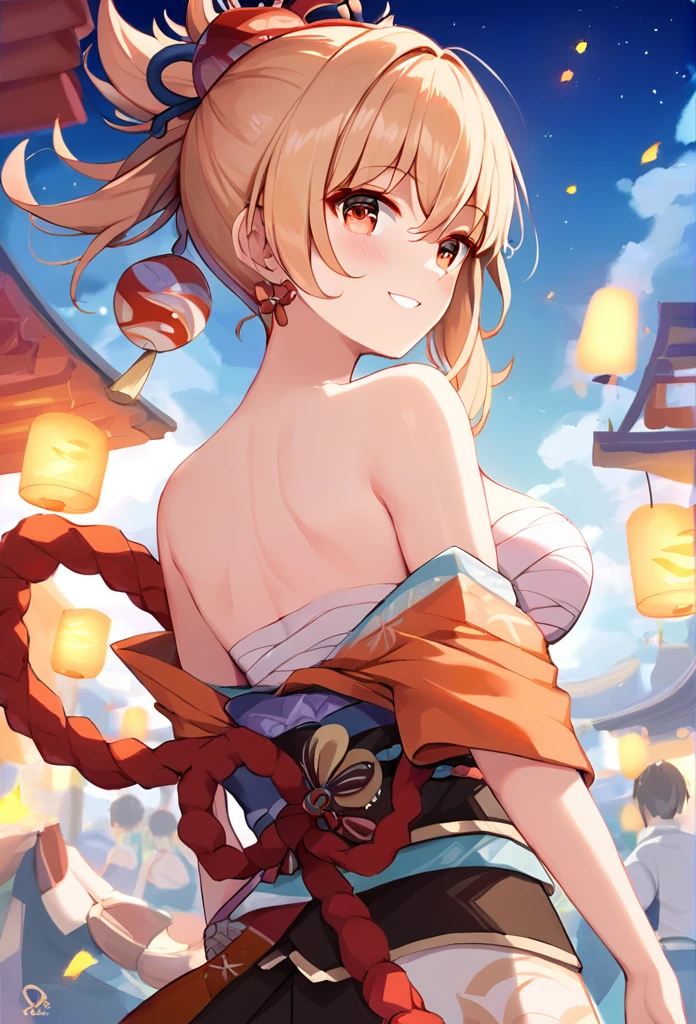 score_9, score_8_up, score_7_up, high quality ,masterpiece ,best quality ,rate_questionable ,  character_yoimiya_Genshin Impact  ,large breast ,golden hair ,Beautiful Skin ,red eyes, in a summer festival ,at night ,((fire works)), wearing a kimono ,Blushing, Closing eyes and smile,Back view, at night口を閉じる, First Person View, 