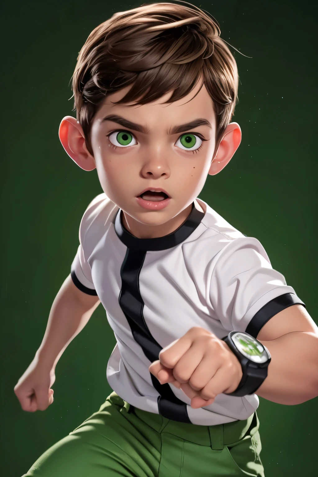 Movie poster, Ben 10 (((A child, *** ))),( brown eyes), (((wearing a white outfit with black stripe in the center, green pants))) , showing fist. (Omnitrix on arm)) . (Action facial expression ) . highy detailed, face detailed, realisitic, cinematic lighting, studio quality, proffesional, face detailed, intrikate, bright coloured. ((abstract lighting background)).