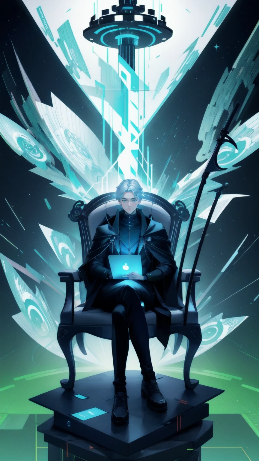 (score_9, score_8_up, score_7_up), zPDXL, 1 man, alone, facing forward, iron chair, black throne, black suit, black stripe on face, one eye closed, arms on sides, white hair, disheveled, cyberpunk, serious and thoughtful face, intimidating, simple background, white background with cables falling down, adult male, looking at the ground, dark aura, (black line on face), (arms resting on throne)