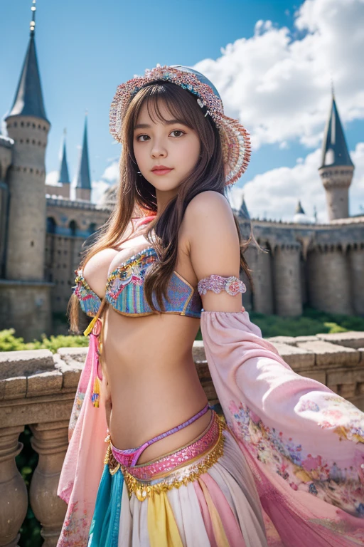 colorful, sky, flowers, magical, fantasy, tale, top-quality,Beautiful detailed hijabi,Bewitching face,tzuyu iu yooa ,long lashes,Wearing a colorful bellydancer,Detailed details,Colossal ,With ample cleavage, underboob, sideboob,stares at the camera, hogwarts