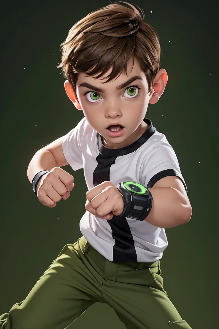 Movie poster, Ben 10 (((A child, 4yo ))),( brown eyes), (((wearing a white outfit with black stripe in the center, green pants))) , showing fist. (Omnitrix on arm)) . (Action facial expression ) . highy detailed, face detailed, realisitic, cinematic lighting, studio quality, proffesional, face detailed, intrikate, bright coloured. ((abstract lighting background)).