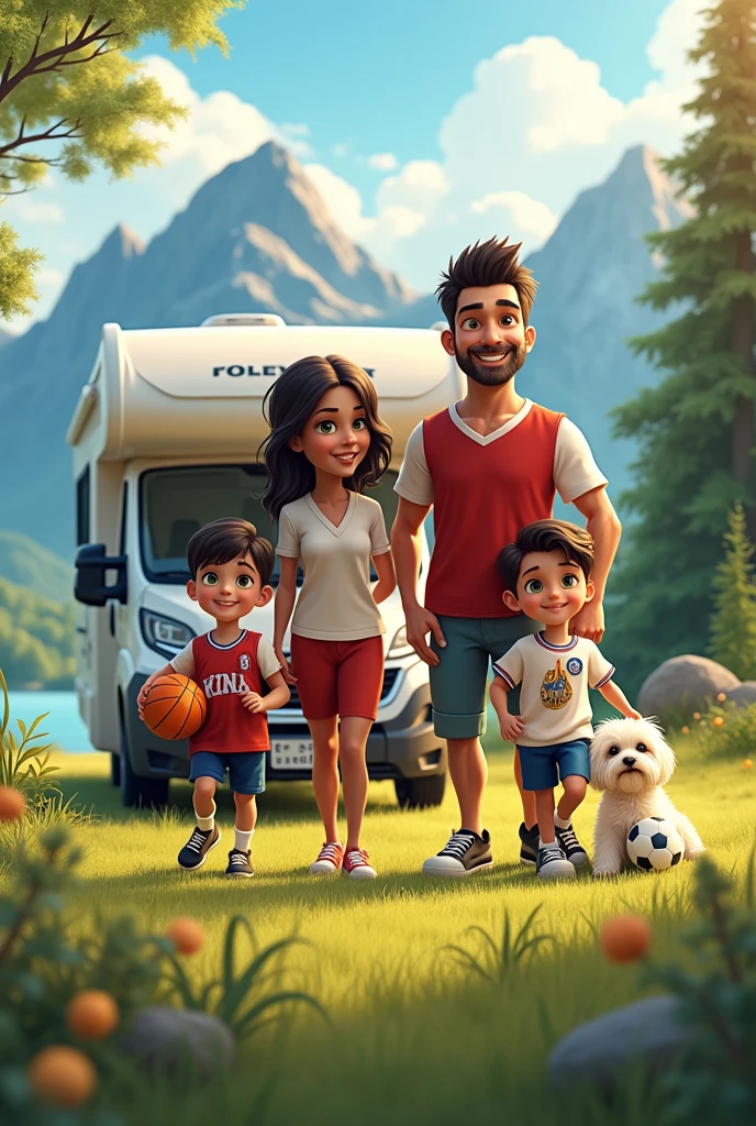 logo of a family of 5 with a dog in front of their caravan. The tall, dark-haired dad with a short beard dressed in shorts , the brown haired mom with bangs and tan who is dressed in a beach dress, un petit garçon de 7 ans cheveux blonds en brosse avec des lunettes de vue et un short de bain et une fille de 4 ans blonde avec des tresses africaines qui porte une maillot de bain avec une bouée et un petit chien beige de race Spitz allemand