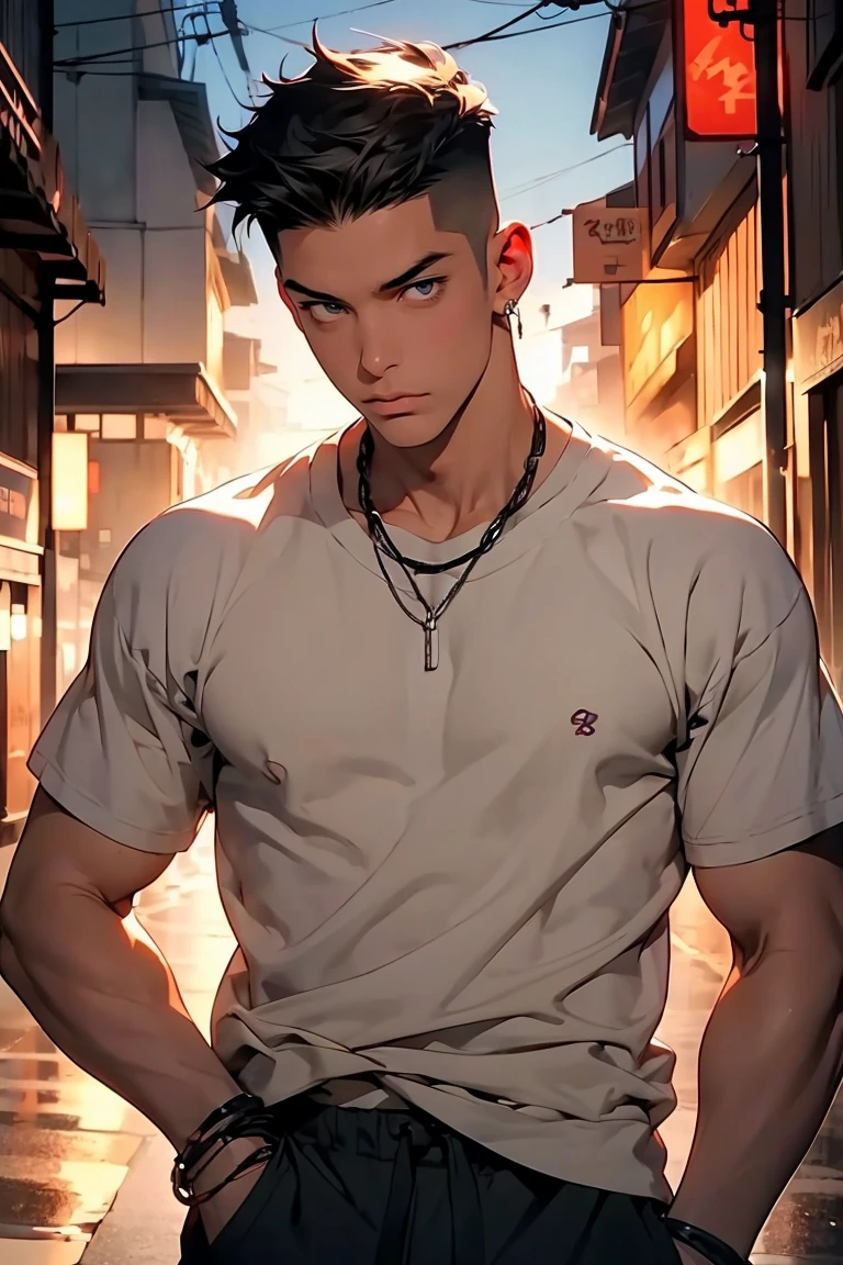 Highest quality, 8k, High-resolution images, Anime Style Jujutsu Kaisen, Fine strokes, Slightly tanned skin, Blurred, The purple light reflecting off, (Full body portrait), 1 person, young, male, model, かっこいいmale, Muscular, Shaved body, smile, front, frontから見た, blue eyes, brown very short hair, Brown Hair, short hair, Hairstyle: undercut, I slicked my hair back., my chest is swollen, He is wearing a white T-shirt jacket, Link Chain, Black sweatpants, Hands in pockets, 金のLink Chain. background: city, 大都cityの通り