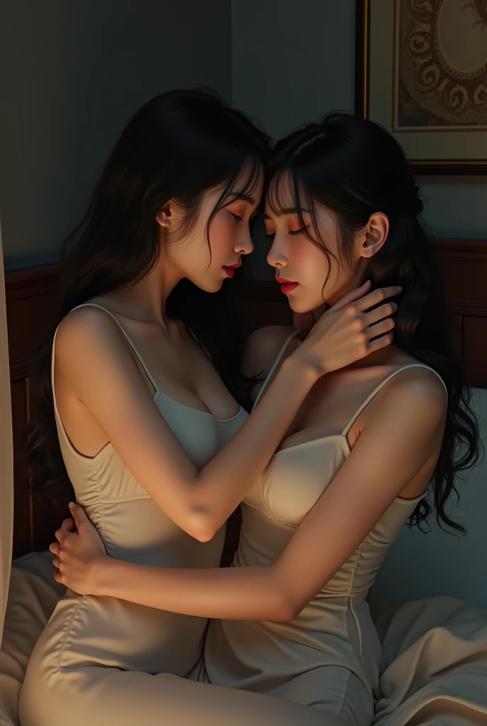 Elegant mature Japanese woman, Two beautiful Japanese women, Long eyelashes, Super long hair, Red lipstick, Pearl Necklace, Earrings, Dark eyeshadow, Large Breasts, Big Breasts, Cleavage, Full nudity, Completely naked, Sensual, Lesbian, Deep Kiss, Making love passionately,