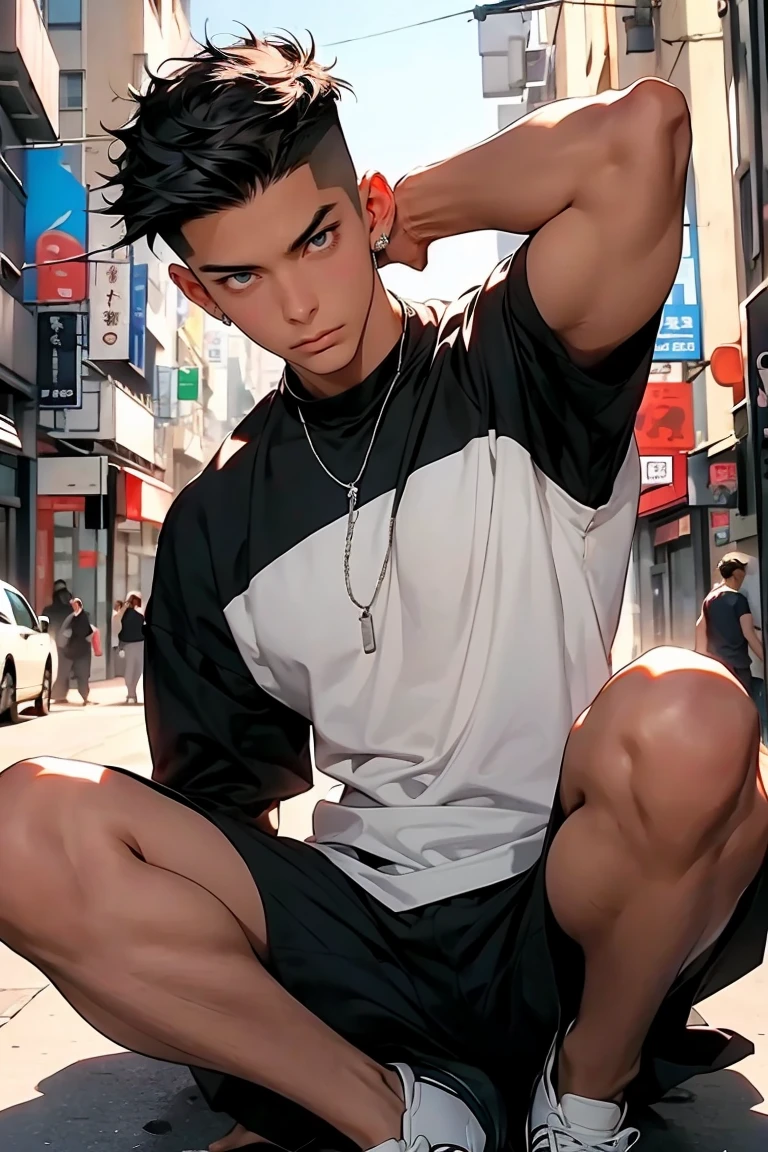 Highest quality, 8k, High-resolution images, Anime Style Jujutsu Kaisen, Fine strokes, Slightly tanned skin, Blurred, The purple light reflecting off, (Full body portrait), 1 person, young, male, model, かっこいいmale, Muscular, Shaved body, smile, front, frontから見た, blue eyes, brown very short hair, Brown Hair, short hair, Hairstyle: undercut, I slicked my hair back., my chest is swollen, He is wearing a white T-shirt jacket, Link Chain, Black sweatpants, Hands stroking her hair, sneakers. background: city, 大都cityの通り, Hands clasped above head