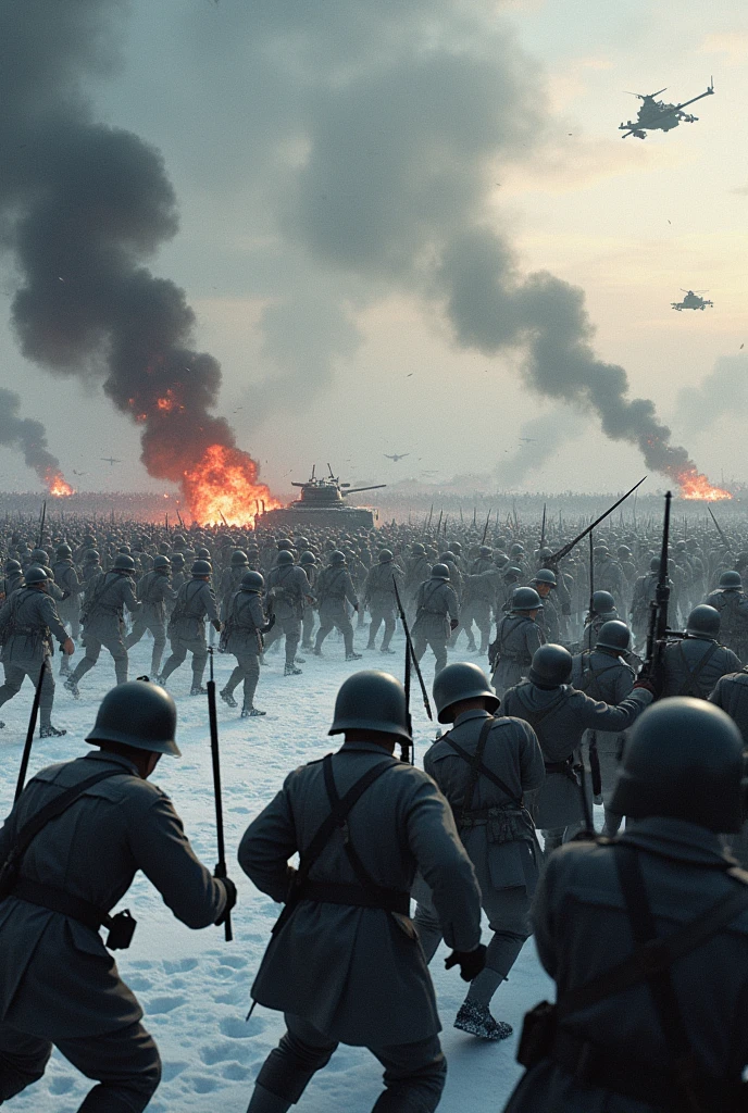 Depict a vast, snow-covered battlefield where 11 million Soviet soldiers stand resolute, ready for the harsh winter battle ahead. The soldiers are clad in heavy winter gear, their fur-lined coats and hats dusted with snow. The cold air is visible in their breath, creating a haunting atmosphere. Positioned among them are imposing tanks and heavy artillery, partially covered by a layer of frost. In the distance, under a dark, clouded sky, the faint ruins of a war-torn city can be seen, adding a sense of grim determination to the scene. The overall tone is one of stoic endurance, capturing the resilience of the Soviet forces in the face of overwhelming odds.