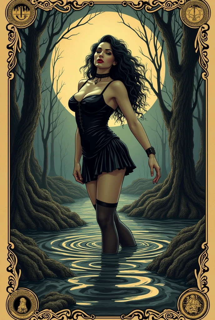 magical girl with her pet mouse, very long black hair, perfect ass, naked communing with nature and night magic, sinister swamp with water lilies, magic, fantastic, night sky, moons, stars, background, (art inspired by Bill Sienkiewicz ). oil painting)
