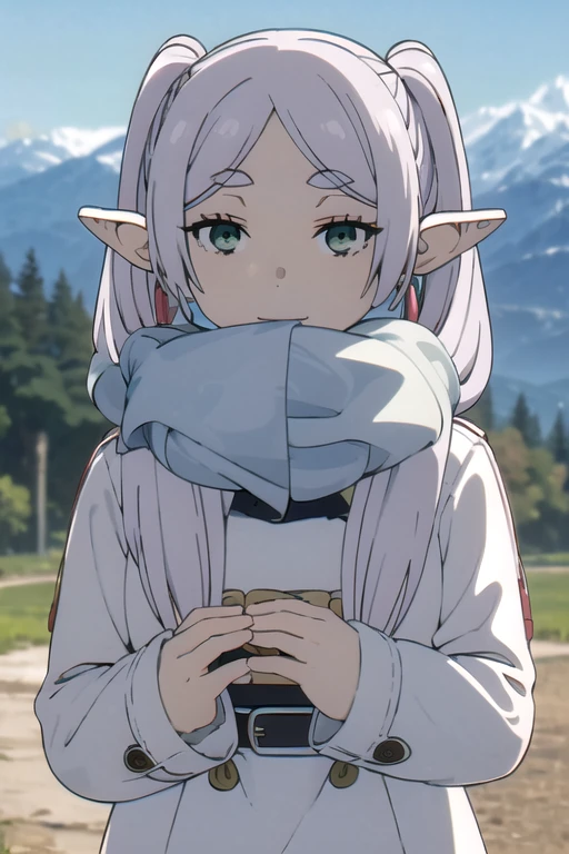 ((masterpiece)),(((best quality))),((ultra-detailed)),((illustration)),((disheveled hair)),((frills)),(1 girl),(solo), 1girl, bangs, beach, blue scarf, breath, buttons, closed mouth, cloud, cloudy sky, coat, dark elf, day, earrings, elf, grey sky, horizon, jewelry, lake, long hair, long sleeves, looking at viewer, mountain, mountainous horizon, ocean, outdoors, parted bangs, pointy ears, scarf, scarf over mouth, shore, sky, sleeves past wrists, smile, snow, solo, sunset, tree, twintails, upper body, water, white coat, winter clothes, grey hair, green eyes