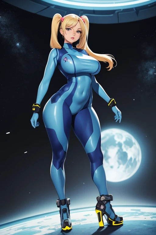 score_9, score_8_up, score_7_up, Samus Aran from Metroid, zero suit, looking at viewer, action pose, cowboy shot, chubby girl, chubby belly 