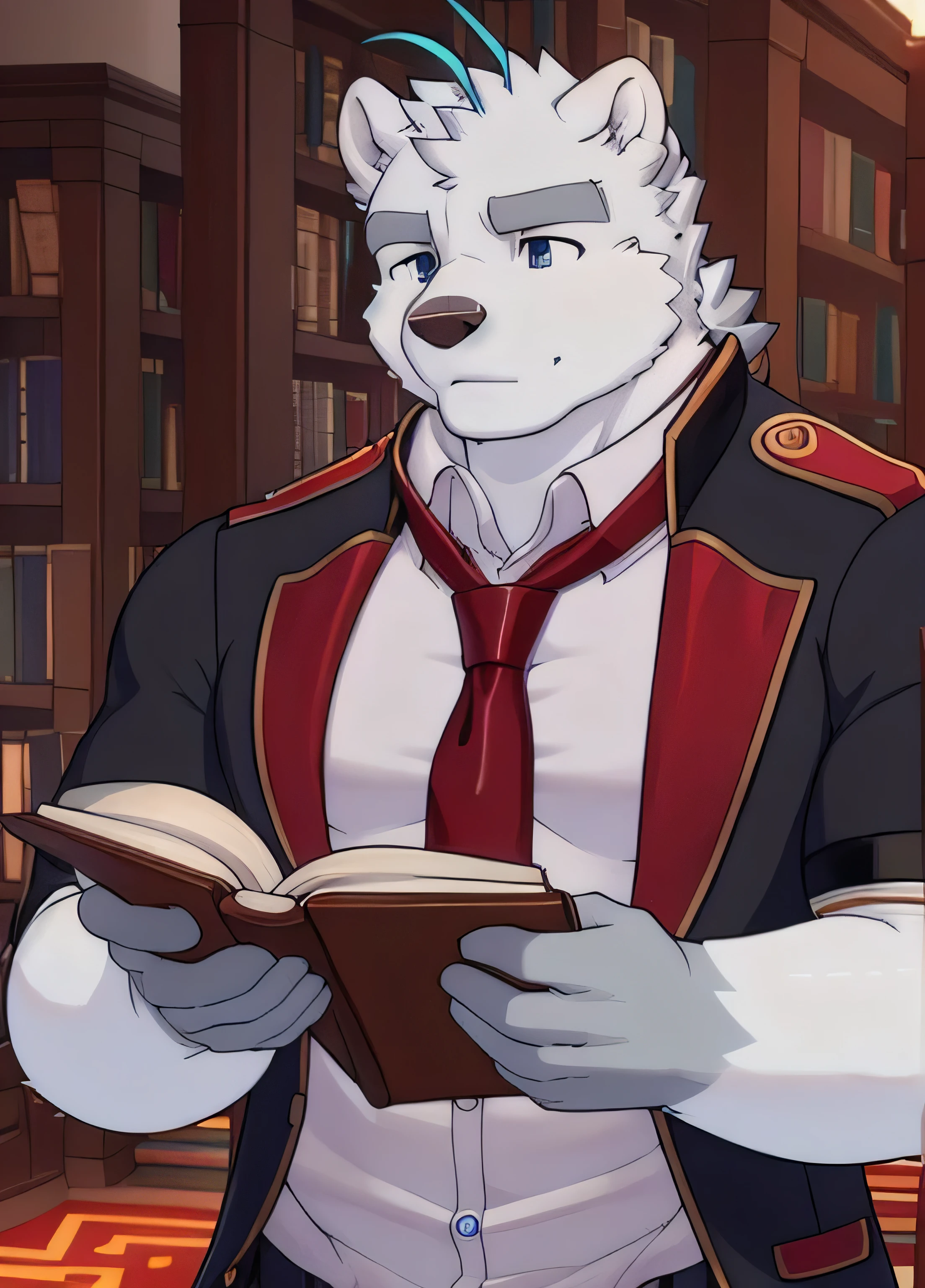 paul, solo, muscular, plump,  (soft shading), 4k, hi res, detailed face, detailed eyes, detailed, ((full body)), by zackarry911, by zaush, (by personalami:0.5), shirt, pants, necktie,  red necktie, jacket, blue eyes, reading, book, library