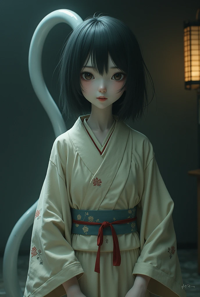 Japanese medium-long black hair stuffed animal girl、A white yukata made of thin, almost transparent fabric、Dimly lit human taxidermy studio、Behind him is a partially skeletal human taxidermy body in the process of being made.