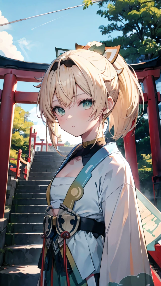 ,Highest quality,Blonde,Green Eyes,ponytail,shrine,torii,Miko costume,Red Hakama,Japanese sword,slender,