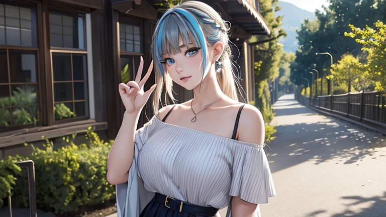 小さなgirl、The arrival of spring、 (alone:1.5,)Super detailed,bright colors, very beautiful detailed anime face and eyes, look straight, shiny_skin,girl, ((long silver hair,The inner color is red 、forehead is exposed.、green eyes、、shiny hair, delicate beautiful face, blush、(turquoise eyes), White skin, Valletta, earrings,、blue flower field、(((Floral、Red High Neck)、Black denim skirt))、twin tails、smile、smile、Face dyed red