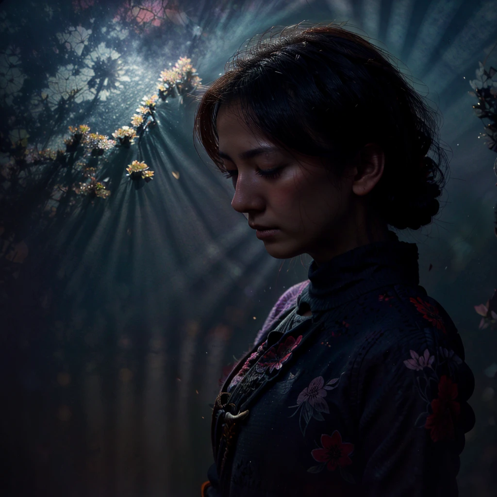 Photograph of a single silhouetted female samurai looking down as if lost in thought or meditation. 1 girl, Floral surroundings, dark nebula background, foggy environment, sublime rendering, 32K, masterpiece, award winning, rococco lighting, extreme detail and resolution