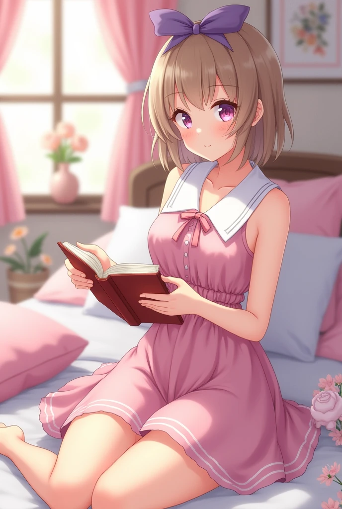 beautiful illustrations, highest quality, pretty girl, 1girl, Bedroom, pastel colour, (two-separated lingerie), wavy bob cut, floral ornament, cute lingerie, bright lighting