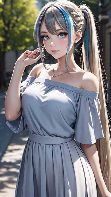 eida, long hair, bangs, blue eyes, very long hair, blue hair, pink hair, multicolored hair, earrings, blunt bangs, two-tone hair, streaked hair, beautiful, beautiful woman, perfect body, perfect breasts, wearing a kimono, showing shoulders, wearing earrings, wearing a watch, being in the garden, cherry trees, traditional Japanese house, looking at the viewer, a slight smile, realism, masterpiece, textured leather, super detailed, high detail, high quality, best quality, 1080p, 16k, showing shoulder, (((perfectly erected medium breast))), standing in seductive pose
