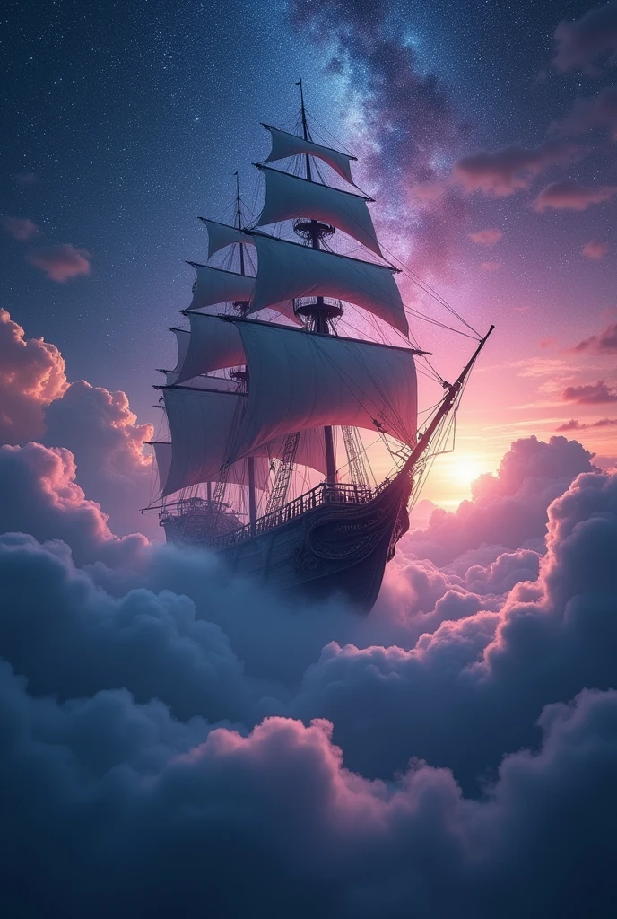 Realistic photo of Portuguese black ships flying in the middle of the starry sky, Celestial, Colorful stars々が輝くNight Sky, Fantasy Theme, Ship sailing above the clouds, Ships appearing from the sky, Clearly visible ghost ship, Cinema Lighting, Vivid lighting, Dramatic atmosphere, Very detailed, 8k, Realistic, Intricate details, 1 pcs, Night Sky, Dramatic lighting, Dramatic clouds, bright shining star, Milky Way Galaxy in the background, Realistic water reflections, Dramatic lighting and shadows, Dramatic composition, Beautiful colors and tones