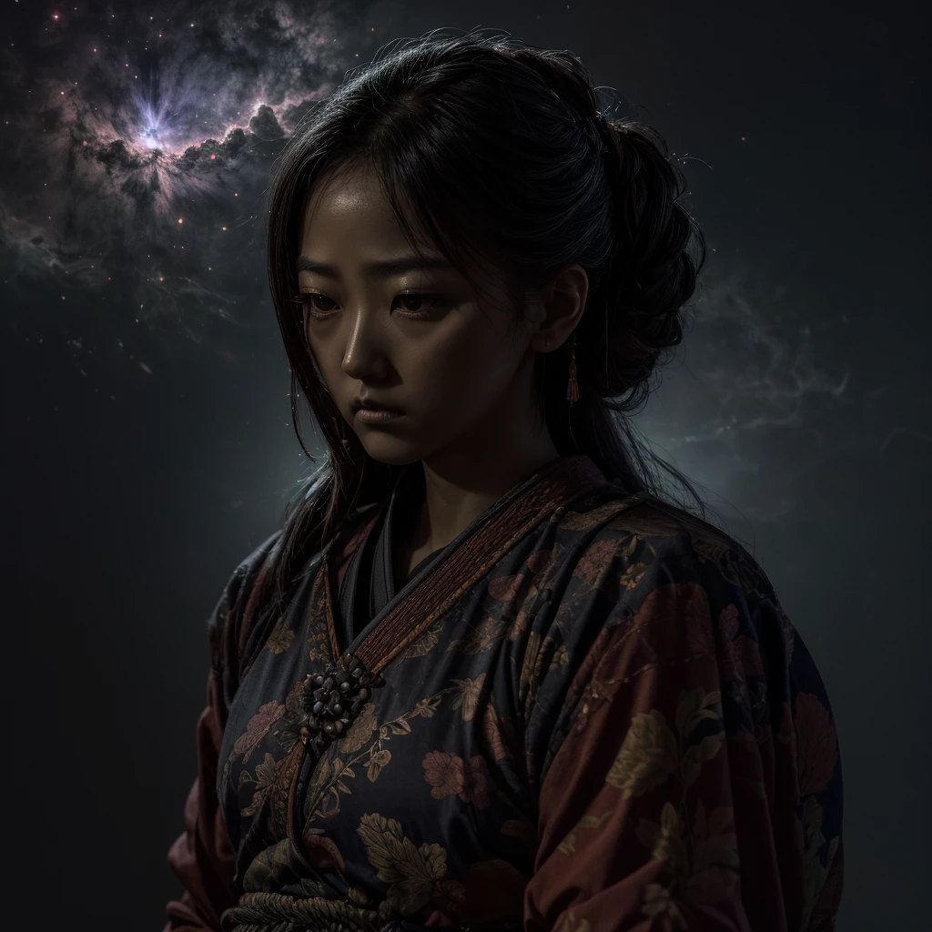 Photograph of a single silhouetted female samurai looking down as if lost in thought or meditation. 1 girl, Floral surroundings, dark nebula background, foggy environment, sublime rendering, 32K, masterpiece, award winning, rococco lighting, extreme detail and resolution