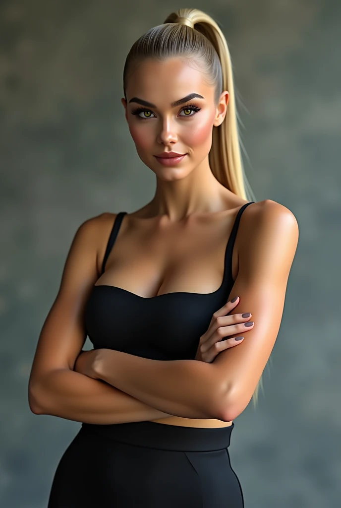 A very realistic and detailed photo of Ana de Armas ,tight black skirt, perfect makeup, long sleek ponytail blonde hair, high quality photo 4k, very detailed, perfect fit, looking at the camera, detailed realistic face, detailed brown eyes, confident,