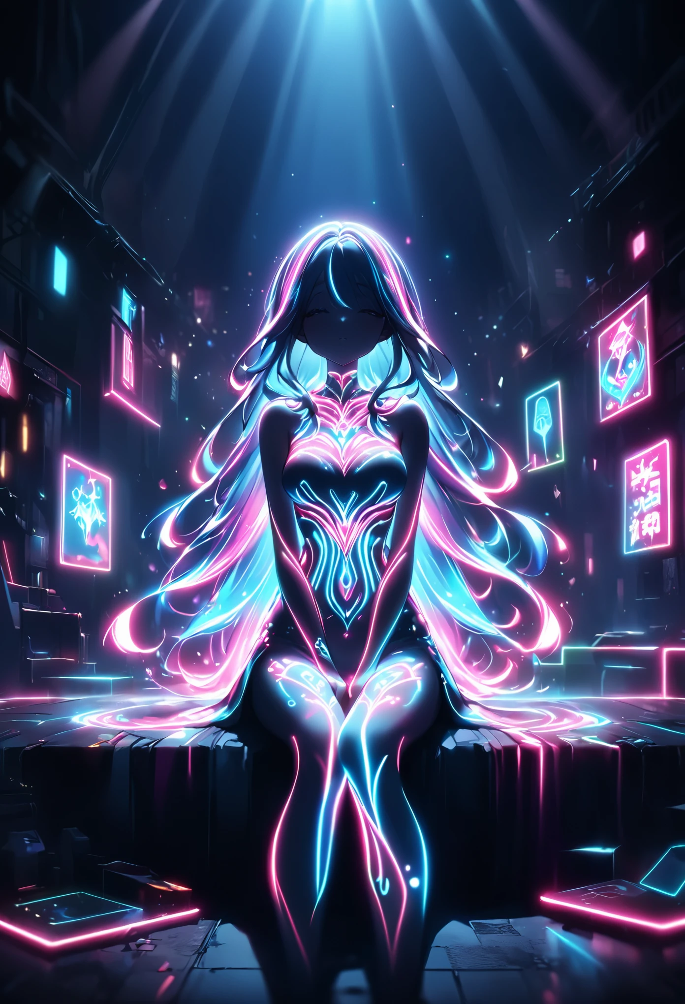 Anime Screenshots、 Artistic anime illustration of a woman adorned with glowing neon magical tattoos covering her entire body and face。 The tattoos on his arms and legs are a mix of pink, blue and white runes.、It emits a neon light。 She has long, flowing hair.、 She is wearing a white off-the-shoulder dress with a tummy tuck、 This scene has a dreamy soft focus effect.、 It emphasizes the dreamy glow of the tattoo.、Back of hand、sit