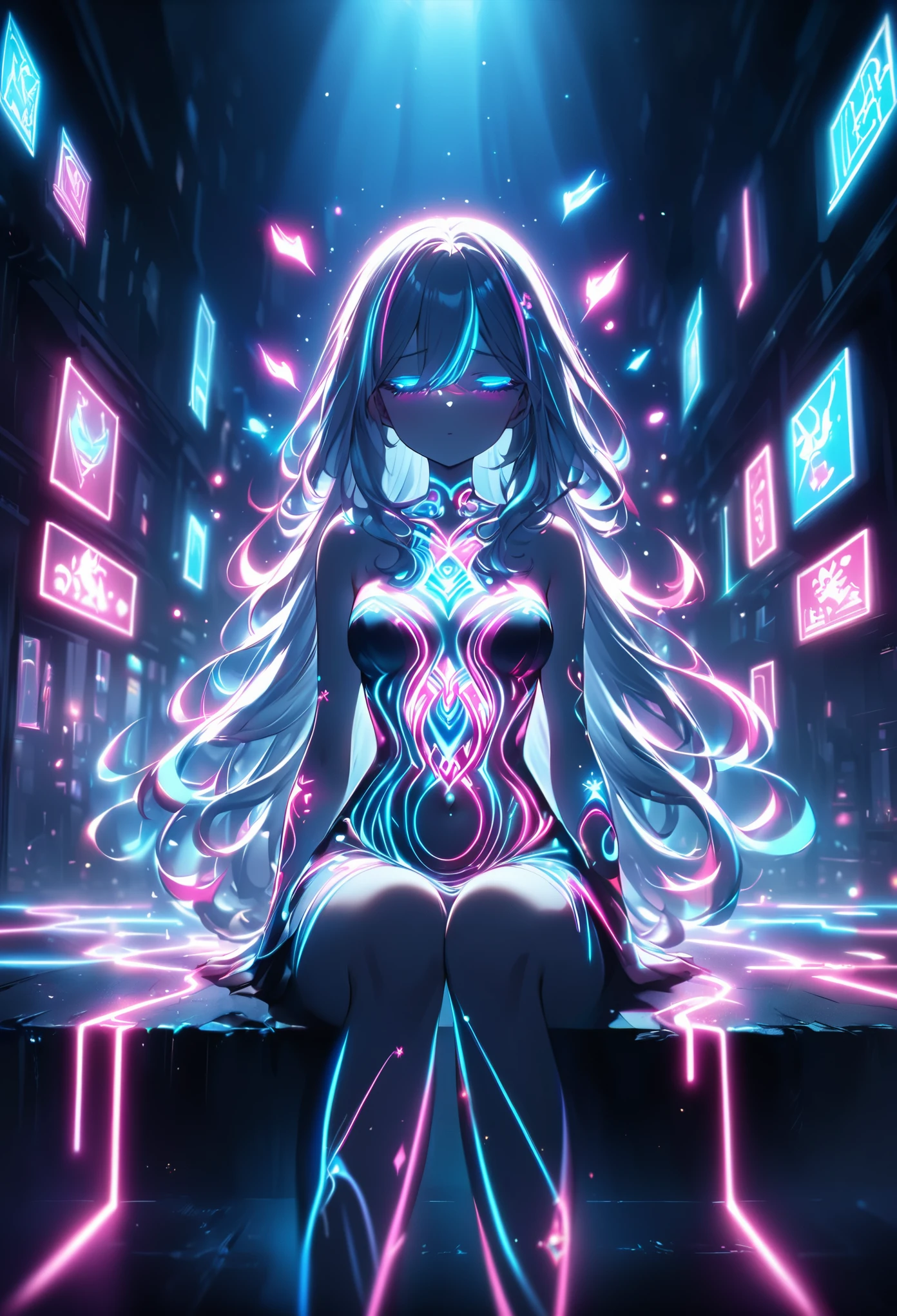 Anime Screenshots、 Artistic anime illustration of a woman adorned with glowing neon magical tattoos covering her entire body and face。 The tattoos on his arms and legs are a mix of pink, blue and white runes.、It emits a neon light。 She has long, flowing hair.、 She is wearing a white off-the-shoulder dress with a tummy tuck、 This scene has a dreamy soft focus effect.、 It emphasizes the dreamy glow of the tattoo.、Back of hand、sit